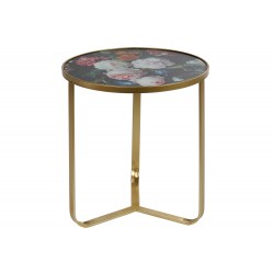 طاولة لون ذهبي و الوجه لون أسود على شكل أزهار ملونة من المعدن قياس 45X45X50