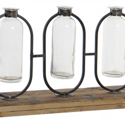 مجموعة من المزهريات الزجاجية عدد 3 مع قاعدة من الخشب قياس 23 * 11.5 * 38