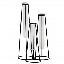 مجموعة من المزهريات الزجاجية عدد 3 مع قاعدة لون أسود من المعدس قياس 31 * 16 * 17