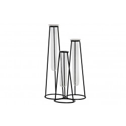 مجموعة من المزهريات الزجاجية عدد 3 مع قاعدة لون أسود من المعدس قياس 31 * 16 * 17