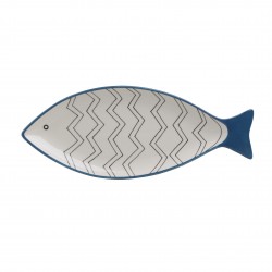 صحن على شكل سمكة من السيراميك لون أبيض وأزرق قياس 42,5*17*3