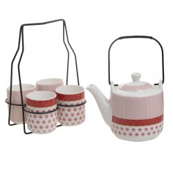 طقم شاي كامل مكون من أبريق و 4 أكواب من البورسلان وحمالة أكواب نت المعدن 