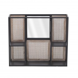 رف حائط ذات تصميم عتيق من الخشب والمعدن مع مراَة / لون أسود وبني , قياس 70*20*60