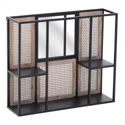 رف حائط ذات تصميم عتيق من الخشب والمعدن مع مراَة / لون أسود وبني , قياس 70*20*60