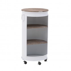 طاولة مع أرفف متحركة مع عجلات ذات تصميم عتيق , لون أبيض و بني , مصنوعة من المعدن والخشب , قياس 50 * 50 *100