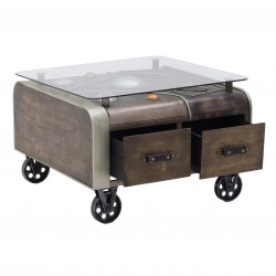 طاولة ذات تصميم عتية مع جوارير , مصنوعة من الخشب والمعدن والزجاج في الأعلى , قياس 83*80*52