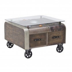 طاولة ذات تصميم عتية مع جوارير , مصنوعة من الخشب والمعدن والزجاج في الأعلى , قياس 83*80*52