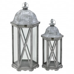 طقم من الفوانيس عدد 2 لون بيج ورمادي , مصنوع من الخشب والمعدن , قياس 30*30*80 سم 