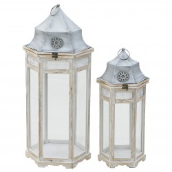 طقم من الفوانيس عدد 2 لون أبيض معتق , مصنوع من الخشب والمعدن , قياس 35*35*80 سم 