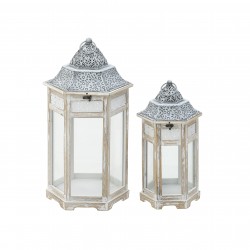 طقم من الفوانيس عدد 2 لون أبيض ورمادي , مصنوع من الخشب والمعدن , قياس 30*30*60 سم