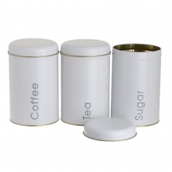 طقم مكون من 3 علب , قهوة / شاي / سكر , مصنوع من المعدن لون أبيض , قياس 10 * 10 * 16 سم