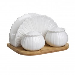 طقم مكون من مرش ملح / فلفل أسود و حافظة فوط من البورسلان مع قاعدة خشبية قياس 9 * 15 * 11 سم