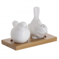 طقم مكون من مرش ملح / فلفل أسود على شكل طيور من البورسلان مع قاعدة خشبية قياس 11*6*6 سم