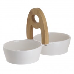 طقم تقديم مكون من صحنين صغيرين من البورسلان لون أبيض مع حامل خشبي قياس 19*10*12