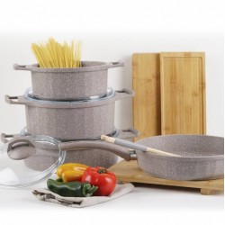 طقم اواني طهي مصنوع من الجرانيت 7 قطع لون رمادي فاتح