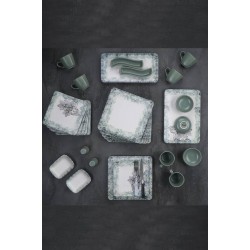 طقم صحون افطار مصنوع من السيراميك لون اخضر مع رسمه ورق شجر يكفي 6 اشخاص عدد33 قطعه