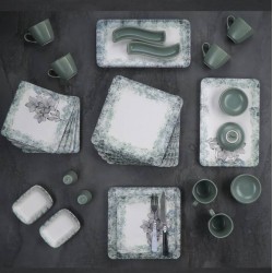 طقم صحون افطار مصنوع من السيراميك لون اخضر مع رسمه ورق شجر يكفي 6 اشخاص عدد33 قطعه طقم صحون افطار مصنوع من السيراميك لون اخضر مع رسمه ورق شجر يكفي 6 اشخاص عدد33 قطعه