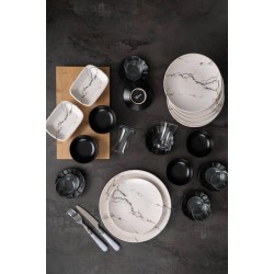 طقم صحون افطار مصنوع من السيراميك لون اابيض و اسود يكفي 6 اشخاص عدد25 قطعه