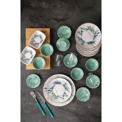 طقم صحون افطار مصنوع من السيراميك لون اابيض و اخضر يكفي 6 اشخاص عدد25 قطعه