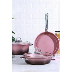 طقم اواني طهي مصنوع من الجرانيت 5 قطع لون زهري