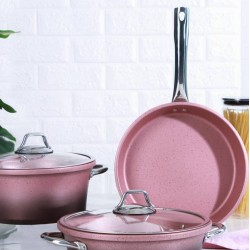 طقم اواني طهي مصنوع من الجرانيت 5 قطع لون زهري