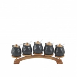 طقم توابل على قاعده خشبيه  مصنوعه من بورسلان لون رمادي غامق  عدد5 قطع