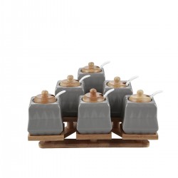 طقم توابل على قاعده خشبيه هرميه مصنوعه من بورسلان لون رمادي فاتح عدد 6 قطع 
