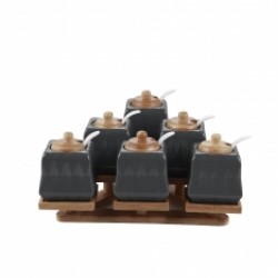 طقم توابل على قاعده خشبيه هرميه مصنوعه من بورسلان لون رمادي غامق عدد 6 قطع